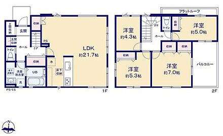 ゆとりある広々21.7帖のLDK♪
2階に4部屋をまとめることで、ご家族それぞれのプライベート空間も保てますね！ 