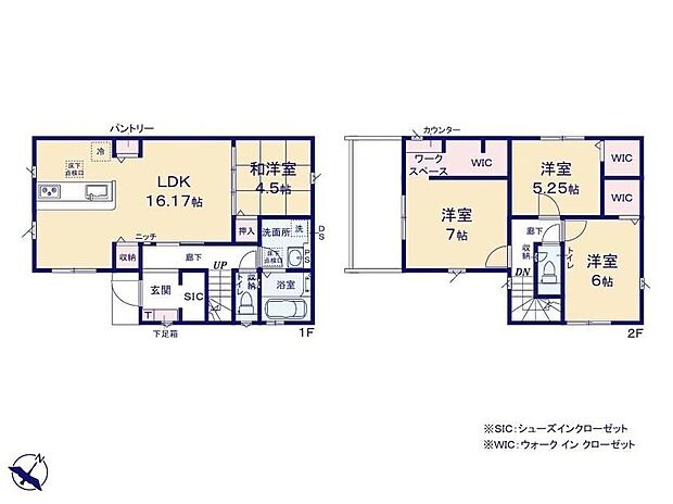 【4LDK】◇WICｘ３、SC、パントリーで収納力も充実♪
◇LDK16.17帖には和洋室4.5帖が隣接♪
◇家族との会話が弾む人気の対面式キッチン採用♪
◇ワークスペース付の主寝室♪