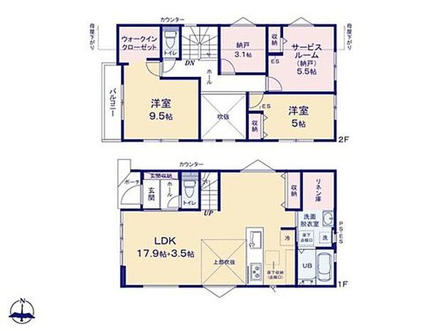 【2LDK+2S】◇LDK約21.4帖の広々空間♪上部吹抜♪
◇納戸×2+WICでスッキリ片付きます♪
◇洗面脱衣室にリネン庫あり♪