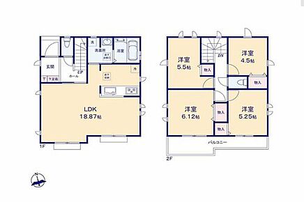 3面採光のリビングは広々18帖超♪ご家族がゆったりくつろげる広さです♪
水回り集中設計で家事効率がアップします！
2部屋から行き来できる続きバルコニーでお洗濯も快適です♪ 