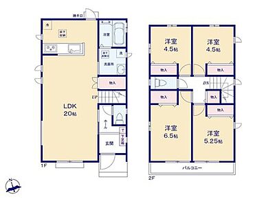 20帖の開放感あふれるリビング！ご家族がゆったりくつろげる広さです♪
対面式キッチン採用でご家族のコミュニケーションが増える間取り♪
2部屋から出入りできるバルコニーでお洗濯も快適です◎ 
