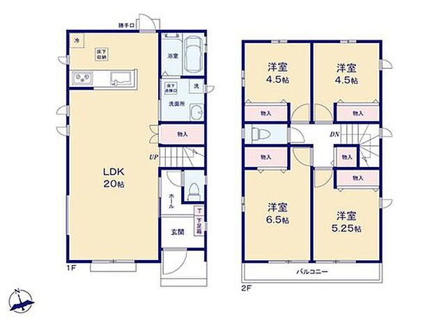 【 4LDK】20帖の開放感あふれるリビング！ご家族がゆったりくつろげる広さです♪
対面式キッチン採用でご家族のコミュニケーションが増える間取り♪
2部屋から出入りできるバルコニーでお洗濯も快適です◎