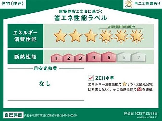 【【省エネ性能ラベル】】こちらの物件はZEH水準を満たした、省エネ性能に優れた物件です。　光熱費を抑えて暮らすことができるだけでなく、「熱の入りにくさ・逃げにくさ」という観点でも影響を受けにくい建物のため、長く快適にお過ごしいただけます♪　※本ラベルは特定の住戸の性能を示すものであり、全ての住戸の性能を示すものではありません。