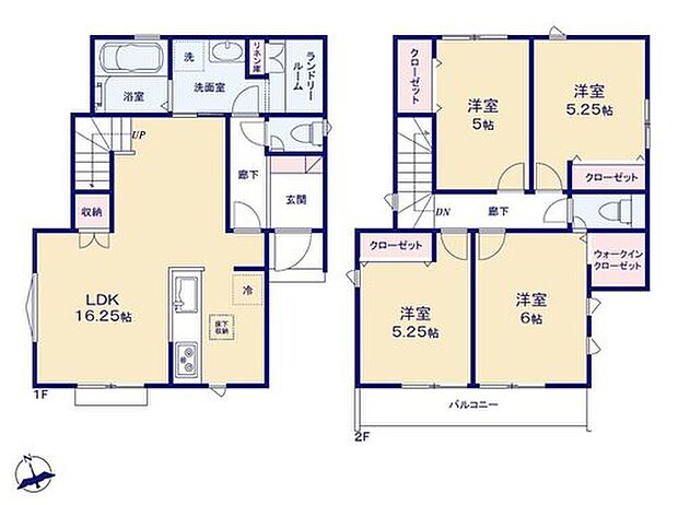 【4LDK】家族が自然と顔を会わせるリビングイン階段を
採用しています♪掃除用具入れにもぴったりの
リビング収納付き◎洗面室にはリネン庫、
ランドリールーム付きで雨の日も快適なお洗濯に☆