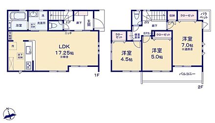 ◇明るくゆったりした17.25帖のLDK☆◇効率的でストレスのない家事動線。水回りが集中しており、移動がスムーズです♪◇洋室を2階に集約し、プライバシーにも配慮した間取り◎ 