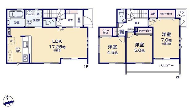 【3LDK】◇明るくゆったりした17.25帖のLDK☆◇効率的でストレスのない家事動線。水回りが集中しており、移動がスムーズです♪◇洋室を2階に集約し、プライバシーにも配慮した間取り◎