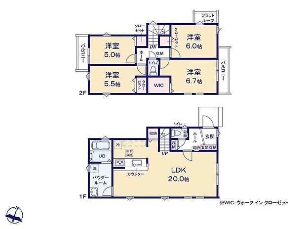 【4LDK】ゆとりのLDK20帖！リビングイン階段採用☆水回り集中設計◎ご家族を見守りながらお料理が作れる対面式キッチン♪居室を2階に集約！主寝室にはたっぷり収納のWICをご用意♪