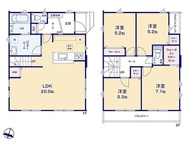 LDK20帖！3面採光☆対面式キッチン＆リビングイン階段採用◎全居室収納完備☆7帖超の主寝室にはたっぷり収納できるWIC付き☆洗濯も快適な南側バルコニー！2部屋続きで開放感を演出します♪ 