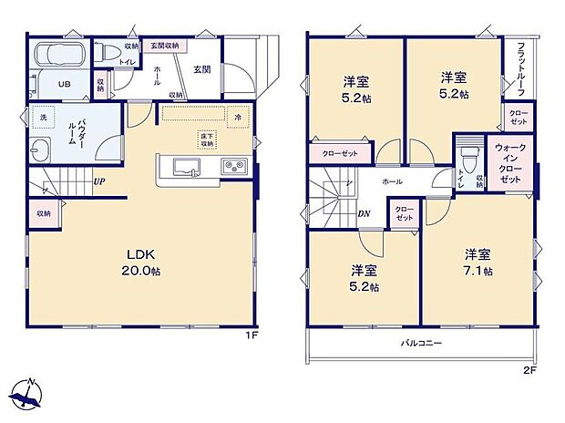 【4LDK】LDK20帖！3面採光☆対面式キッチン＆リビングイン階段採用◎全居室収納完備☆7帖超の主寝室にはたっぷり収納できるWIC付き☆洗濯も快適な南側バルコニー！2部屋続きで開放感を演出します♪