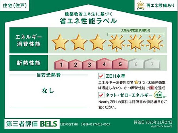 【【省エネ性能ラベル】】こちらの物件はZEH水準を満たした、省エネ性能に優れた物件です。　光熱費を抑えて暮らすことができるだけでなく、「熱の入りにくさ・逃げにくさ」という観点でも影響を受けにくい建物のため、長く快適にお過ごしいただけます♪　※本ラベルは特定の住戸の性能を示すものであり、全ての住戸の性能を示すものではありません。
