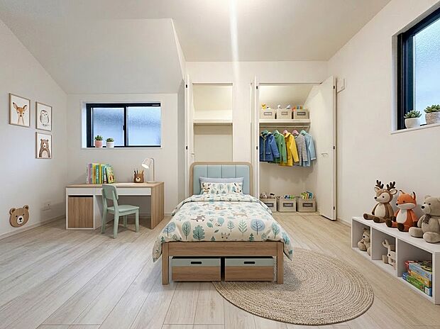 【居室6.2帖】2つのクローゼット付き6.2帖。家具を置いてもゆとりある、明るい洋室です。(本画像はCGで作成しており、実際に現地に家具・家電はおかれておりません。また価格に家具・家電は含まれておりません)