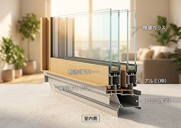 【複層ガラス  】2枚のガラスの間に空気層を設けた複層ガラスを採用。外気の影響を受けにくく、夏は涼しく冬は暖かな室内環境を保ちます。