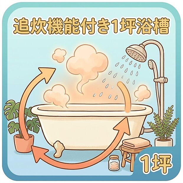 【浴室】ゆったり1坪浴槽で一日の疲れをリセット。追い焚き機能など、快適な暮らしを支える機能が満載。