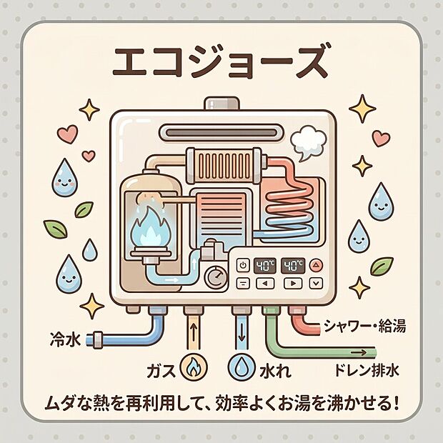【エコジョーズ　】ムダな熱を賢く再利用！少ないガスで効率よくお湯を沸かせる、お財布に優しい給湯器です。