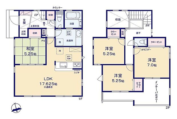 【4LDK】対面式キッチン仕様の約１７．６２５帖リビング♪リビングに隣接したホッと落ち着く約５．２５帖の洋風和室！各居室にも収納スペース完備♪日当たり良好な南側インナーバルコニー♪