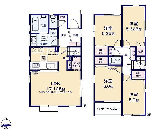 【4LDK】オシャレな折上天井仕様の南向き約１７．１２５帖リビング♪居室４部屋あり、使用用途多数♪リビングクロークがあり、各所・各居室にも収納スペース充実♪雨の日も安心のインナーバルコニー仕様♪