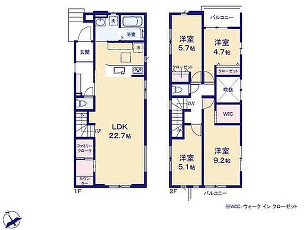 【4LDK】対面式キッチンで折上天井仕様の約22.7帖リビング♪
居室4部屋あり、使用用途多数♪
FCLやWICがあり、各所に収納スペース充実♪
北側と南側の2面バルコニー♪