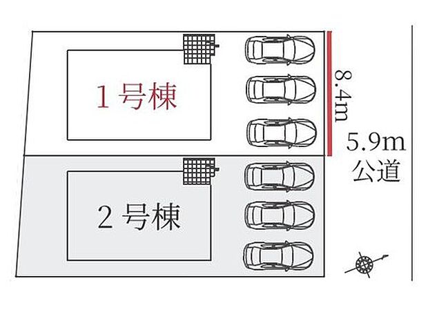 【全体区画図】１号棟　４，９９９万円
２号棟　５，２９９万円