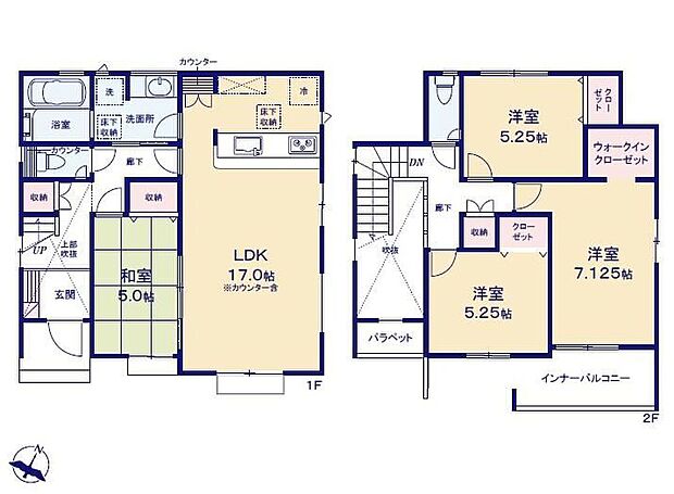 【4LDK】対面式キッチン仕様の約１７帖リビング♪来客間にもできるリビング横の洋風和室♪WICがあり、各所・各居室にも収納スペース完備♪日当たり良好な南側インナーバルコニー♪