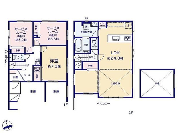 【1LDK+2S】対面式キッチン仕様の約24.3帖リビングは上部吹抜仕様♪
主寝室約7.3帖の広々プライベート空間♪
2ヶ所の納戸があり、各所に収納スペース充実♪
2部屋から出入りできる便利な南側バルコニー♪