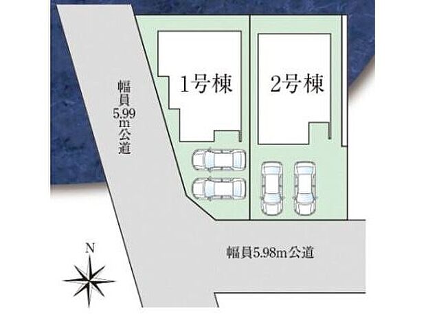 【全体区画図】１号棟　３，５９０万円
２号棟　３，４９０万円