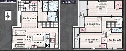 対面式キッチン仕様の約１７．５帖リビング♪
居室４部屋あり、使用用途多数♪
WICがあり、各所に収納スペース充実♪
バルコニーは広々２面ございます！ 