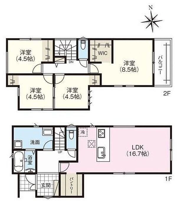 【4LDK】対面式キッチン仕様の広々約１６．７帖リビング♪居室４部屋あり、使用用途多数♪WICやパントリーがあり、各所・各居室にも収納スペース充実♪東側バルコニーは日当たり良好♪