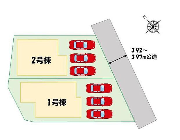 【全体区画図】車種により、カースペース3台分ございますので、家族分の自転車を駐輪したり、来客用の駐車スペースとしてもお使いいただけます♪
