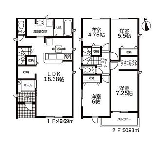対面式キッチン仕様で南向き約１８．３８帖リビング♪
２階居室４部屋あり、使用用途多数♪
WICがあり、各所・各居室にも収納充実♪
陽当り良好な南側バルコニー♪ 