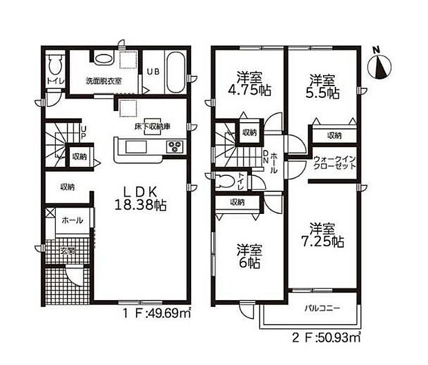【4LDK】対面式キッチン仕様で南向き約１８．３８帖リビング♪
２階居室４部屋あり、使用用途多数♪
WICがあり、各所・各居室にも収納充実♪
陽当り良好な南側バルコニー♪