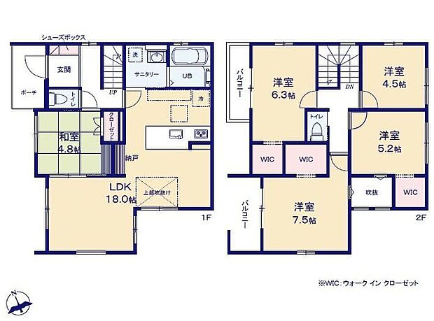 【5LDK】対面式キッチン仕様の約18帖のリビング♪
2階4部屋あり、WIC等の収納も豊富♪
リビングに隣接した約4.8帖の和室♪
北西側と南西側の2面バルコニー♪
プライベートガーデン付き♪