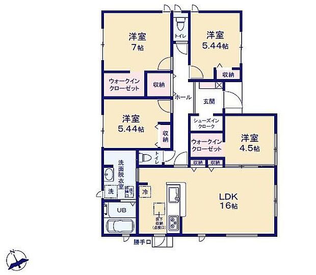 【4LDK】人気の平屋建て♪
南向き対面式キッチン仕様の約１６帖リビング♪
LDKと洋室を一体できる人気の間取り♪
WICやSICがあり、各所・各居室にも収納スペース完備♪