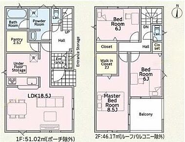 対面式キッチン仕様の約１８．５帖リビング♪
主寝室約８．５帖の広々プライベート空間♪
WICやパントリーがあり、各居室に収納スペース充実♪
天候の変化にも安心な南側インナーバルコニー♪ 