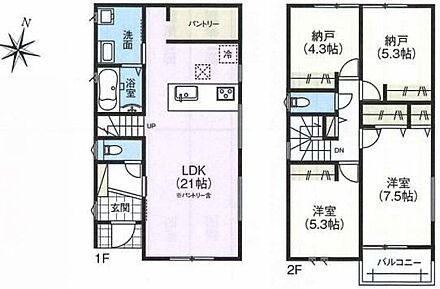 パントリー収納付き対面式キッチン仕様の広々約２１帖リビング♪各居室に収納完備でお部屋も片付けやすいです♪２階４部屋あり、お子様ひとりひとりにお部屋を与えられます♪南側バルコニーは日当たり良好♪ 