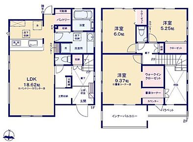 オシャレな折上天井仕様の南向き約１８．６２帖リビング♪
書斎コーナー付き主寝室が約９．３７帖ございます♪
WICやパントリーがあり、各居室に収納スペース充実♪
日当たり良好な南側インナーバルコニー♪ 