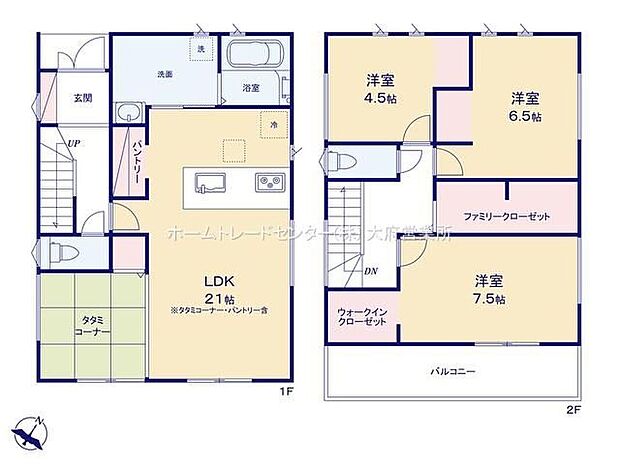 【3LDK】対面式キッチン仕様の広々約２１帖リビング♪リビングに隣接したホッと落ち着く畳コーナー♪WICやパントリーがあり、各所・各居室にも収納スペース充実♪南東側バルコニーは日当たり良好♪