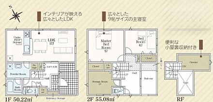 対面式キッチン仕様の約１７帖リビング♪季節物などの収納に便利な小屋裏収納付き♪各所・各居室に収納スペース充実♪奥行を広めにとった南東側バルコニー！ 