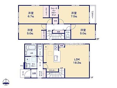 対面式キッチン仕様の約１８．２帖リビング♪
家族と顔を合わせる機会が増えるリビングイン階段♪
WICがあり、各所に収納スペース充実♪
日当たり良好な南側バルコニー♪ 