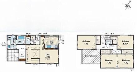 オシャレな折上天井仕様の南向き約１８帖リビング♪約１０．５帖の洋室は間仕切対応可能で２部屋にできます♪各所・各居室に収納スペース充実♪２部屋＋廊下から出入りできる南側インナーバルコニー♪ 