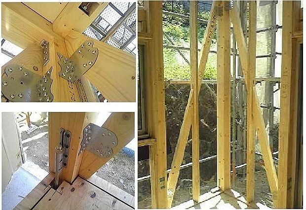【構造金物で強度を確保】住宅には耐力壁と呼ばれる地震や風の力に耐える壁が存在します。それぞれに対して金物を用いて緊結します。またそれら壁に対し引き抜き力に抵抗する金物も取り付けております。