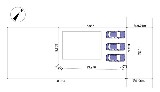 【新築戸建 館林市西高根町 NO.1】公道幅員約6.0mに面した横長の広い敷地。縦列3台分の駐車スペースを確保しており、出入りしやすい区画です。