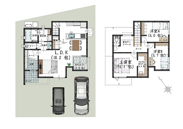 A号地:18.2帖のLDKに2帖のタタミコーナーをプラス。2階には3居室とWIC、室内干しスペースを備え、収納力と家事効率をしっかり確保した間取りです。