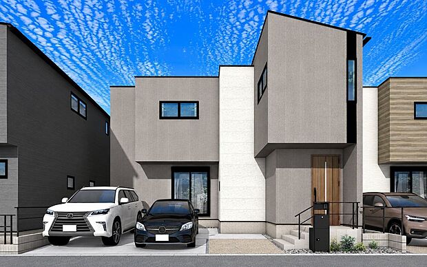 【外観パース図】『現地案内予約受付中』アールギャラリー安城市横山町の家外観パース E号棟未完成物件の為、モデルハウスへのご案内も致します。お気軽にお問合せ下さいませ。