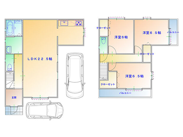 【プラン図】約22.5帖のLDKに全居室6帖以上と、ゆとりの広さが魅力の住まいです。1階に水回りを集約し家事動線も良好。バルコニーは2方向に設置しています。(建物価格1770万円、建物面積100m2)