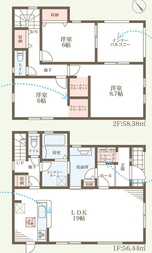 【4LDK】平坦地/角地/前道6m以上/オートバス/浴室乾燥機/浴室1坪以上/浴室に窓/駐車2台可/2階建/ウォークインクロゼット/床下収納/全居室収納/全居室フローリング/設計住宅性能評価付/建設住宅性能評価書（新築時）/長期優良住宅/LDK18畳以上/全居室6畳以上/LDK20畳以上/TVモニタ付インターホン/トイレ2ヶ所/温水洗浄便座/システムキッチン/対面式キッチン/省エネルギー対策/オール電化/太陽光発電システム/複層ガラス/フラット３５・S適合証明書