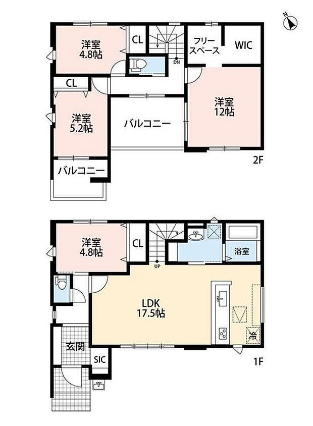 3599万円、4LDK、土地面積139.01m2、建物面積114.27m2 4LDK　LDKは17.5帖　12帖の主寝室にはフリースペース+WIC付き！
バルコニー2ヶ所で使い分け可能！家事動線も良好