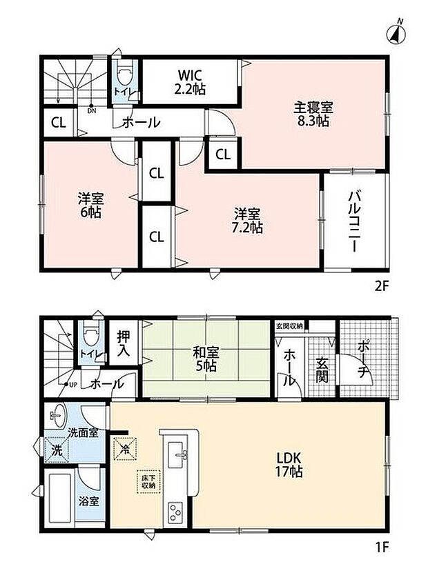 、4LDK、土地面積133.55m2、建物面積102.66m2 ご家族と顔を合わせる機会が増えるリビングスルー階段♪２階全居室６帖以上＆２面採光☆2.2帖のWICやホール収納有◎