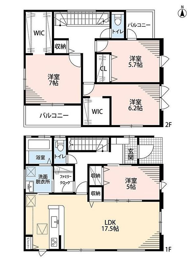 4LDK、土地面積172.45m2、建物面積114.84m2
17.5帖の広々LDKを中心とした4LDK♪ファミリークロークや2か所のWICなど、収納スペースも充実した間取りです^^