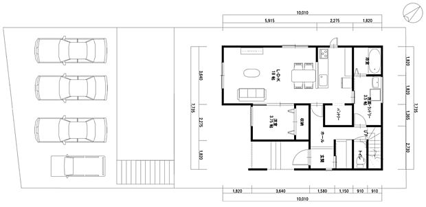 建物と道路、敷地内の配置を示した図面です。玄関への動線や建物の位置を確認できます。実際の外構等は図と異なる場合があります。