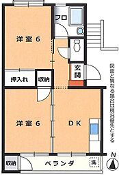 鶴巻ハイツA棟 2DKの間取図画像